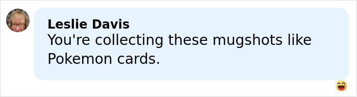 Comment from Leslie Davis about collecting mugshots like Pokemon cards, shown in a light blue chat bubble.