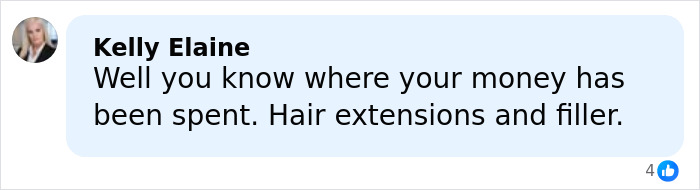 Comment from Kelly Elaine criticizing spending on hair extensions and filler, related to boutique owner scandal with changing mugshots.