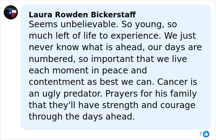 Comment expressing grief and prayers for James Van Der Beek’s family after his tragic passing due to cancer.