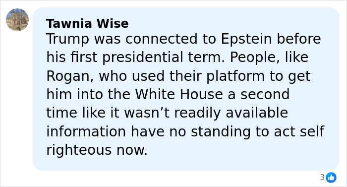 Comment on Epstein files mentioning Joe Rogan, discussing connections and public reactions in a social media post.