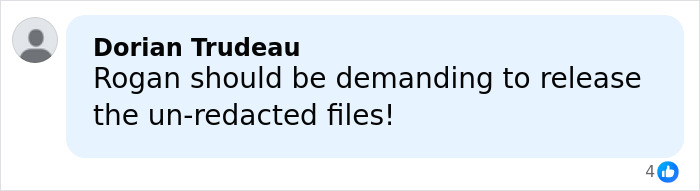 User comment on social media mentioning Joe Rogan reacting to his name appearing in Epstein files.