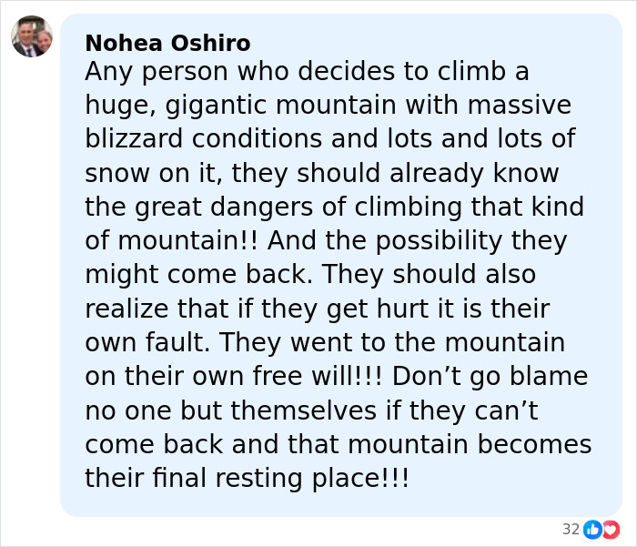 Comment on dangers of mountain climbing and personal responsibility before tragic mountain incident involving climber and girlfriend’s last words.