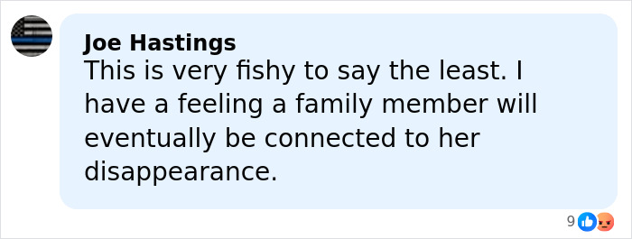 Comment by Joe Hastings expressing suspicion about a family member connected to Nancy Guthrie disappearance.