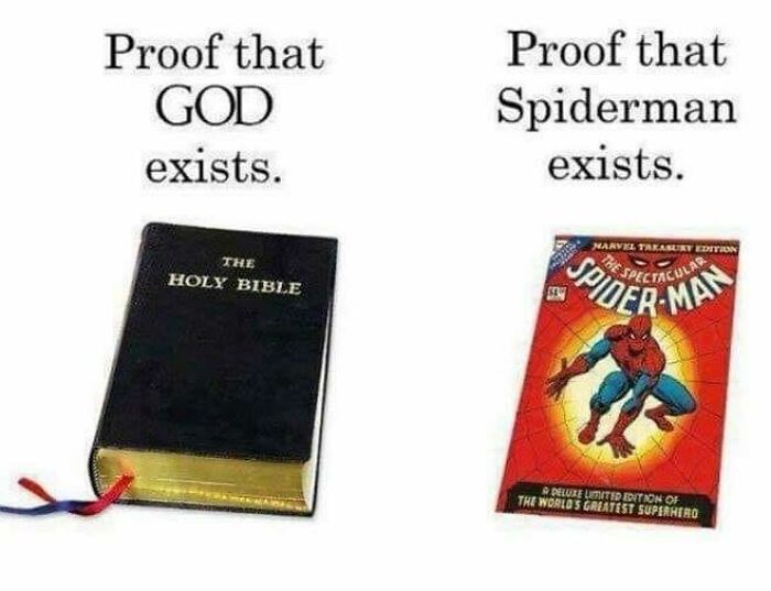 Side-by-side images comparing the Holy Bible and a Spider-Man comic as humorous proof memes.