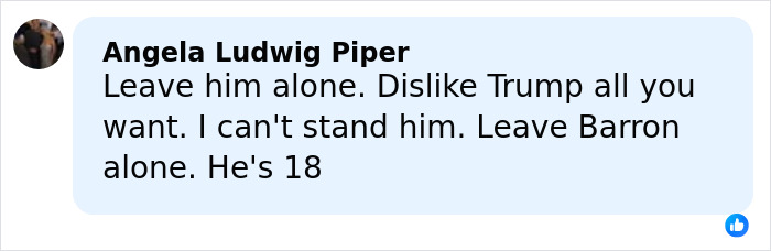 Commenter Angela Ludwig Piper defending Barron Trump in a social media post amid lip reader claims.