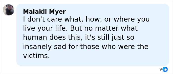 Comment from Malakii Myer expressing sadness for victims related to family of trans mom Roberta Dorgan Rhode Island hockey tragedy.