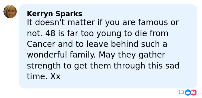 Comment expressing condolences on James Van Der Beek’s tragic passing, emphasizing the impact of his death at 48.