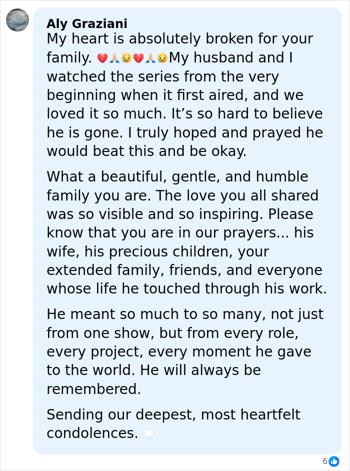 Comment expressing condolences and heartbreak over James Van Der Beek’s final post after his tragic passing.