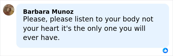 Comment by Barbara Munoz urging to listen to your body, related to backlash growing after major update in Lindsey Vonn's life.