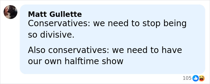 Facebook comment by Matt Gullette discussing conservatives wanting their own Super Bowl halftime show.