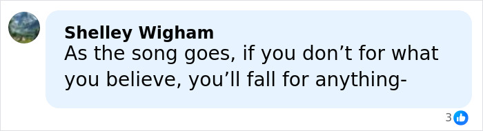 Comment from Shelley Wigham discussing belief and skepticism in response to Bad Bunny's Super Bowl 2026 halftime show.
