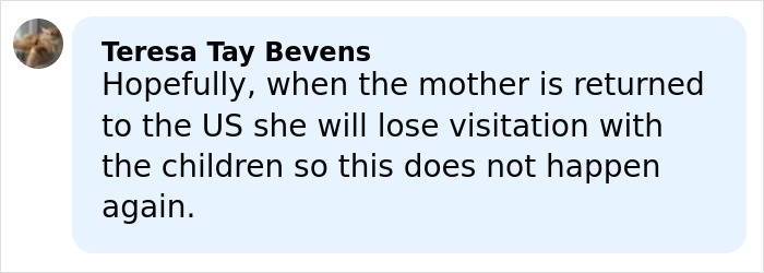 Comment by Teresa Tay Bevens expressing concern about visitation rights after four missing kids returned to dad following mom’s abduction.