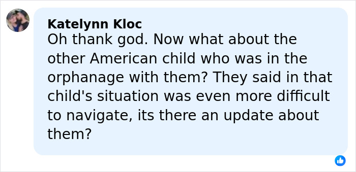 Comment expressing concern about another American child in foreign orphanage during doomsday abduction case.