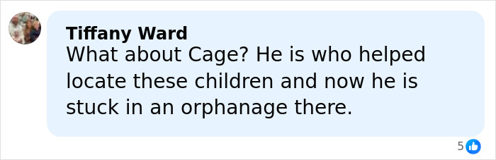 Comment mentioning Cage helping locate missing kids now stuck in foreign orphanage after doomsday abduction.