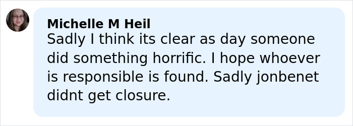 Comment by Michelle M Heil expressing hope the person responsible for a horrific act is found, referencing ransom note.