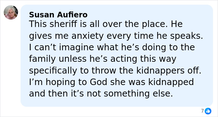 Screenshot of a comment discussing anxiety about the sheriff amid FBI details on ransom note for Savannah Guthrie's mom.