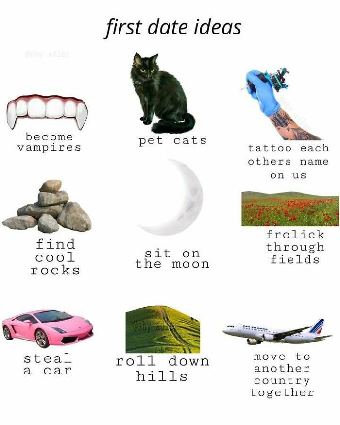Collage of hilarious memes showing quirky first date ideas including pets, tattoos, rocks, and traveling for funny memes content.