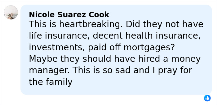 Comment expressing sadness and suggesting hiring a money manager after a GoFundMe for James Van Der Beek's family.