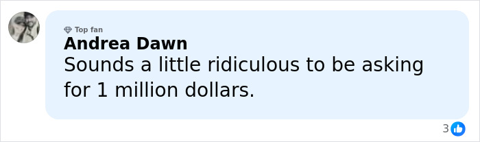 Comment from a top fan named Andrea Dawn expressing that asking for 1 million dollars seems ridiculous in a GoFundMe debate.