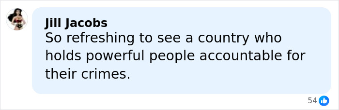 Comment from Jill Jacobs expressing approval of accountability for powerful people over their crimes in a social media post.