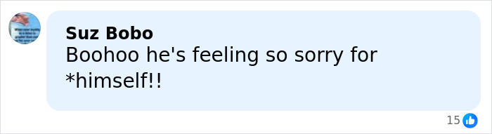 Comment from Suz Bobo expressing sarcasm about someone feeling sorry for himself in an online discussion.