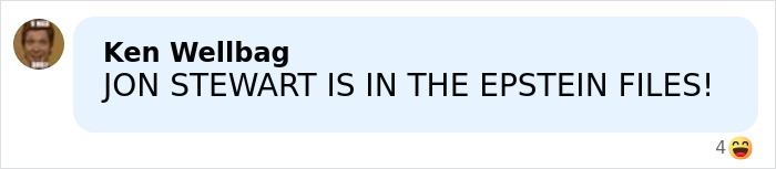 Text message on blue background saying Jon Stewart is in the Epstein files, highlighting Jon Stewart Epstein files discussion.