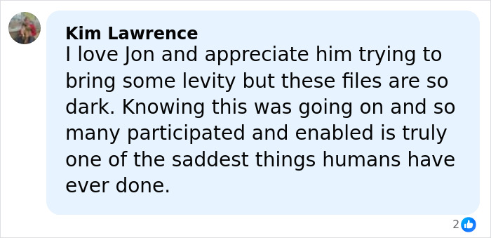 Comment from Kim Lawrence expressing support for Jon Stewart amid Epstein files controversy on social media.