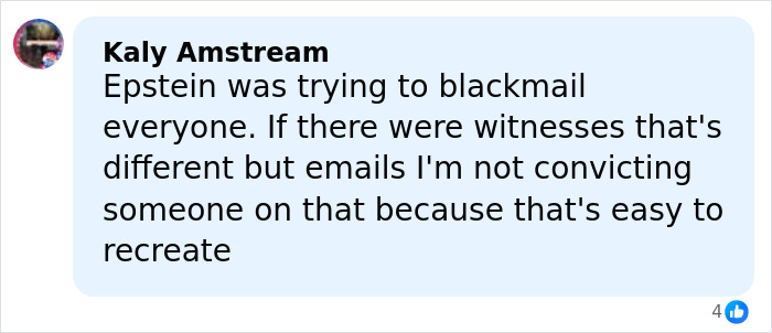 Comment by Kaly Amstream discussing Epstein's blackmail attempts, part of Joe Rogan Epstein files conversation.
