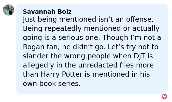 Commenter Savannah Bolz responding to Joe Rogan being mentioned in Epstein files, defending him and urging caution.