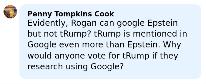 Comment mentioning Joe Rogan and Epstein, discussing Google search comparisons and political opinions.