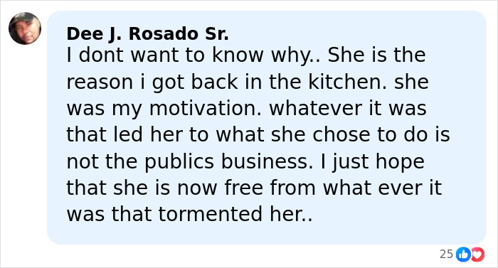 Screenshot of a Facebook comment expressing sorrow and motivation connected to Anne Burrell’s tragic passing details. Screenshot of a Facebook comment expressing sorrow and motivation connected to Anne Burrell’s tragic passing details.