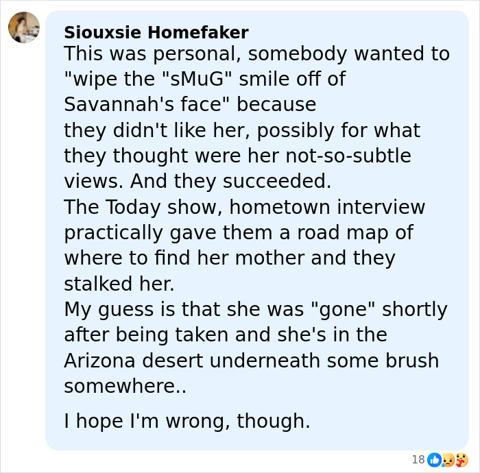 Comment discussing disturbing theory about disappearance of Savannah Guthrie's mom and possible stalking details.