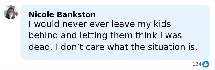 Screenshot of a Facebook comment from Nicole Bankston expressing strong feelings about leaving her kids behind.