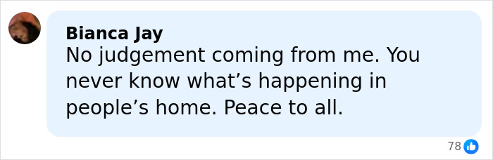 Facebook comment by Bianca Jay discussing understanding and withholding judgment about a North Carolina mom of three who disappeared.