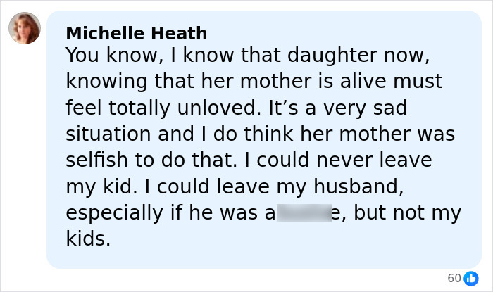 Comment by Michelle Heath expressing sadness about a North Carolina mom of three who abandoned her family.