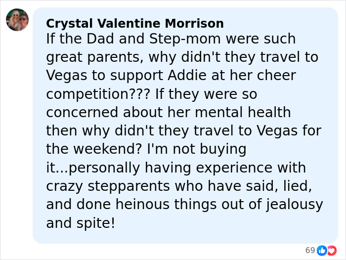 Comment expressing doubts about Utah dance mom&rsquo;s family support and parent clash linked to Vegas tragedy.