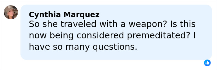 Comment from Cynthia Marquez questioning weapon travel and premeditation amid Utah dance mom parent clash context.