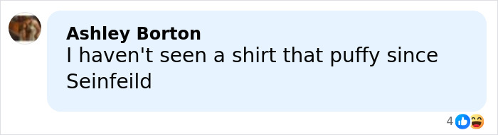Ashley Borton commenting on a shirt’s puffiness, referencing Seinfeld, in a casual conversation online.