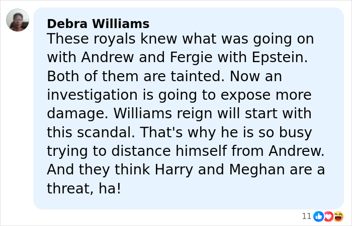 Comment by Debra Williams discussing royal family scandals and tensions involving Williams, Andrew, and Fergie with Epstein exposure.
