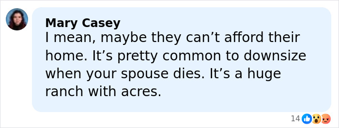 Facebook comment by Mary Casey discussing downsizing a large ranch after a spouse dies amid money manager debate.
