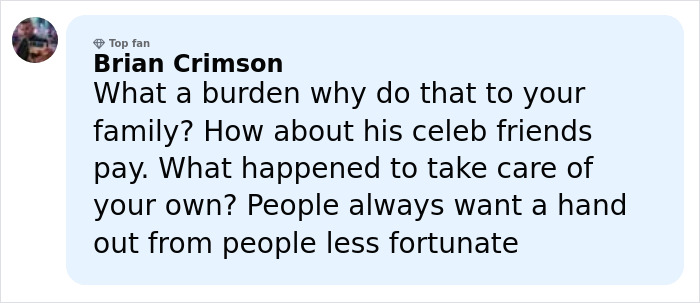 Comment from Brian Crimson criticizing GoFundMe for James Van Der Beek's family, sparking debate on money manager hiring.