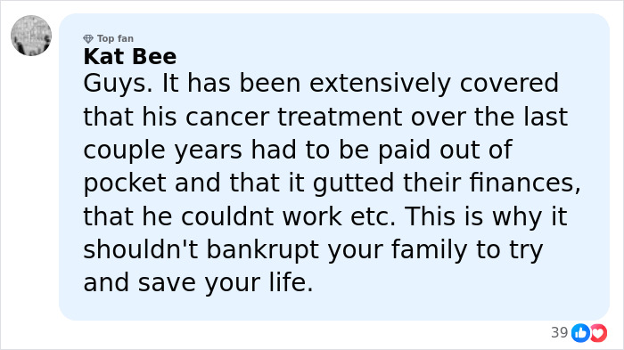 Comment discussing GoFundMe and financial struggles related to cancer treatment sparking debate about hiring a money manager.
