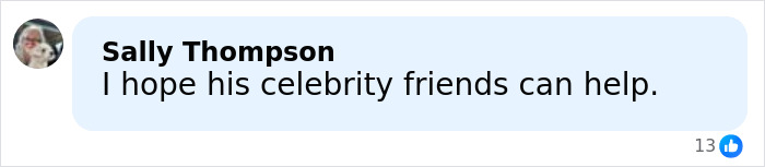 Comment from Sally Thompson expressing hope that celebrity friends can help amid GoFundMe debate for James Van Der Beek's family.