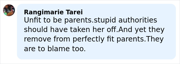 Comment expressing anger at authorities and questioning parental fitness in a horrifying exchange after baby girl’s tragic passing.