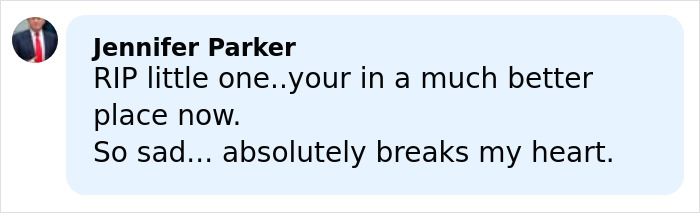 Comment expressing sadness and condolences after a baby girl's tragic passing, reflecting a horrifying exchange between young parents.