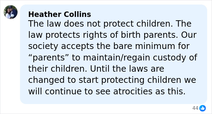 Comment by Heather Collins discussing legal protections for children versus birth parents in a horrifying exchange between young parents.
