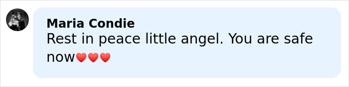 Comment from Maria Condie expressing condolences after baby girl’s tragic passing with heart emojis.