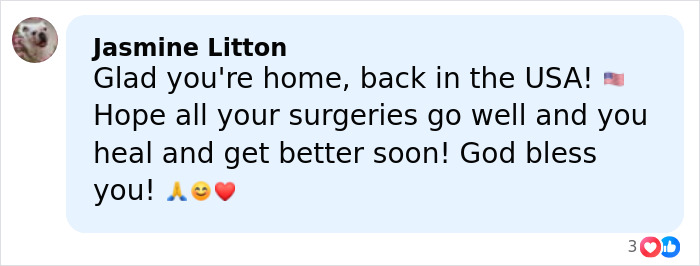 Comment from Jasmine Litton expressing support and well wishes for Lindsey Vonn after her Olympics accident and surgeries.