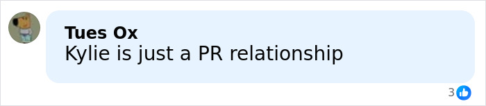 Text post stating Kylie is just a PR relationship, posted by user Tues Ox with a profile picture.