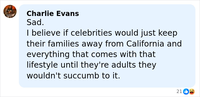 Comment about celebrity families and lifestyle on social media, discussing Tommy Lee Jones&rsquo; daughter&rsquo;s cause of passing.